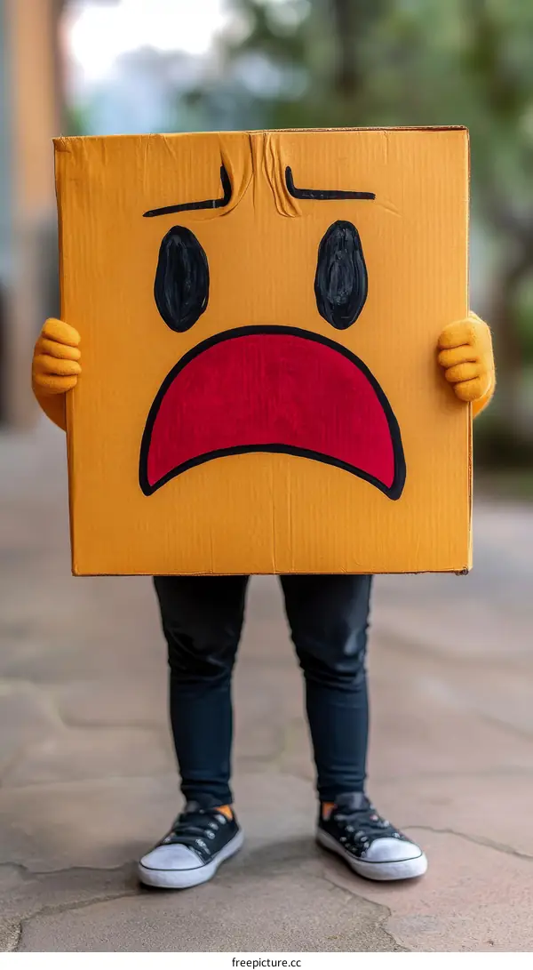 Child Holding Cardboard Sad Emoji Costume Outdoors