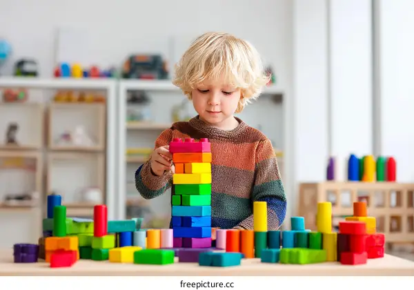 Caucasian Child Playing with Colorful Wooden Blocks