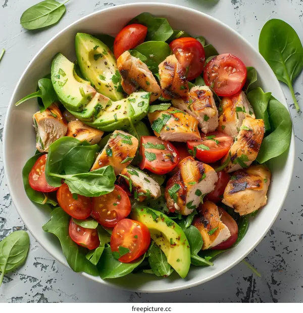 Grilled chicken breast with avocado and tomato salad