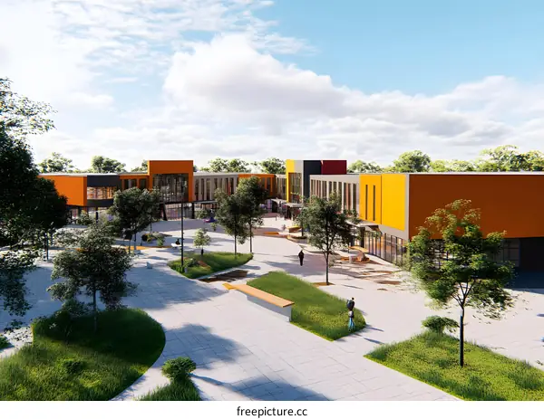 Modern Architecture Design of a School Building with Landscaping and People