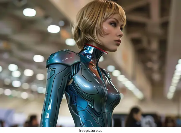 A woman with short blonde hair and blue eyes wearing a blue and silver bodysuit
