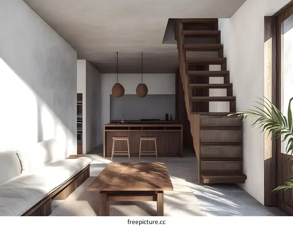 Modern Minimalist Living Room Interior Design with Wooden Stairs and a Cozy Sofa