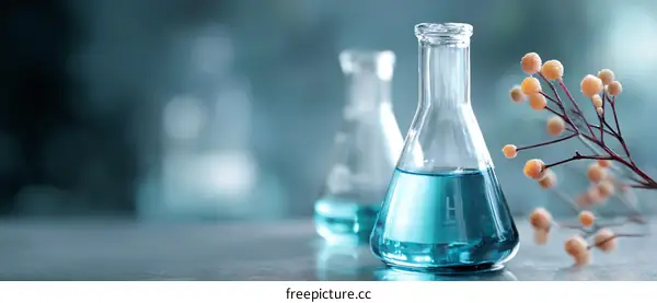 Laboratory Experiment Flasks with Clear Liquid and Natural Branches