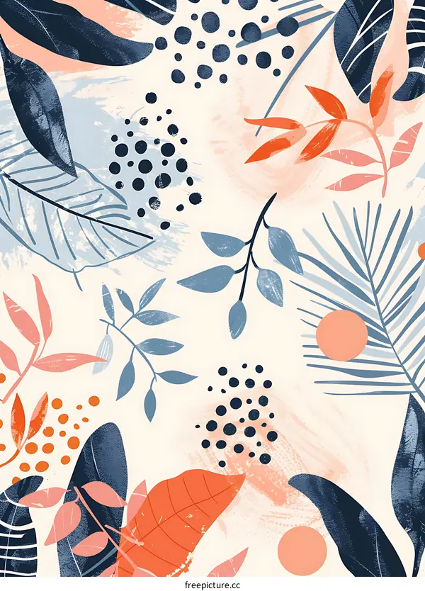 Abstract Floral Pattern with Leaves, Dots, and Brushstrokes