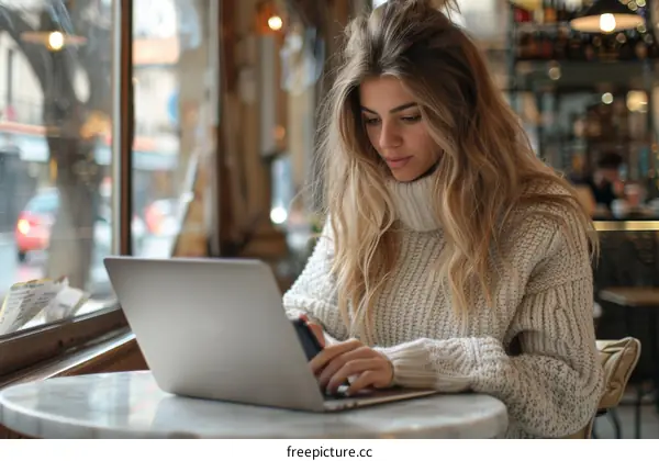 Young woman using laptop in cafe