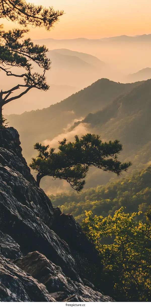 Sunrise Over Mountain Ranges With Fog