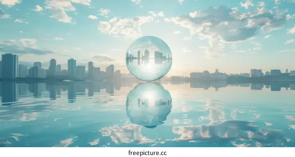 A Cityscape with Glass Ball in Foreground Reflecting the City