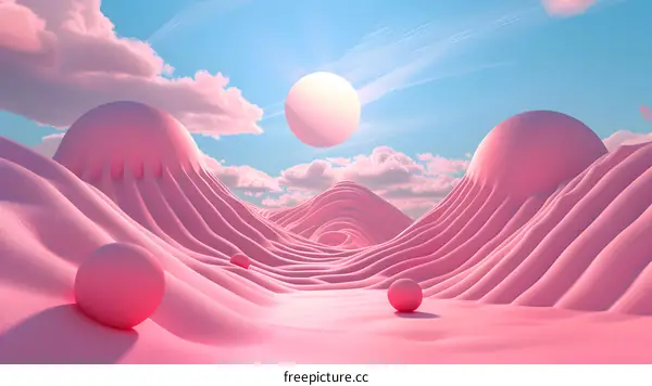Pink alien landscape with pink clouds and pink sun