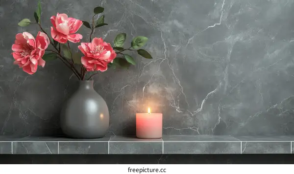 Pink Flowers in Gray Vase on Shelf