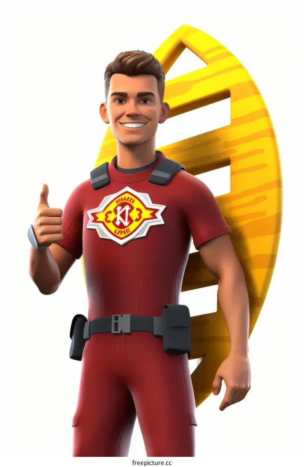 An illustration of a firefighter with a surfboard