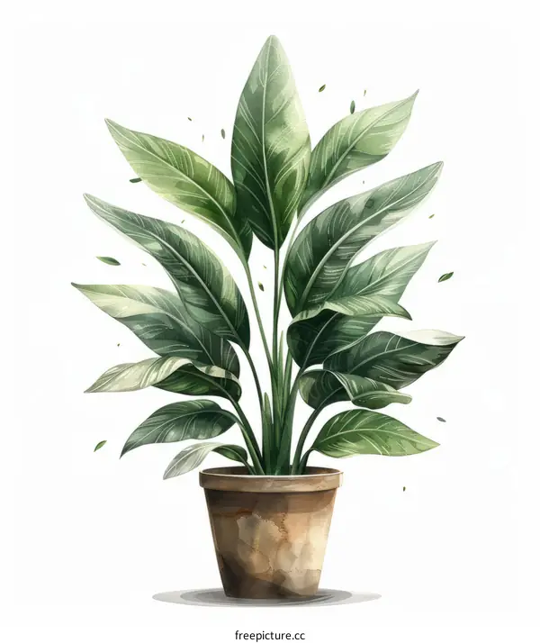 watercolor illustration of a potted bird of paradise plant