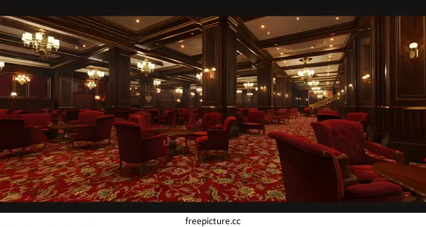 Luxury Hotel Lobby With Red Chairs And Chandeliers