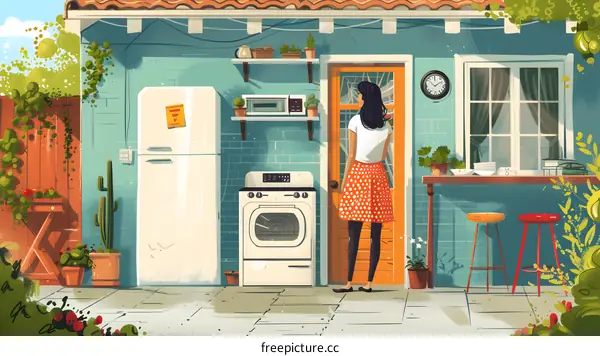 A woman standing in a kitchen looking at a plant.