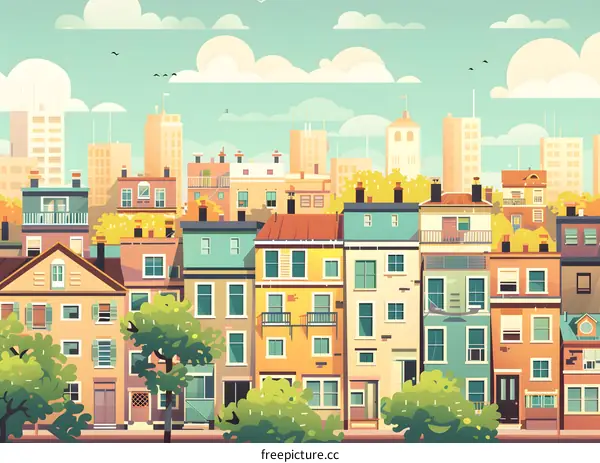 Colorful Cityscape Illustration with Buildings and Sky