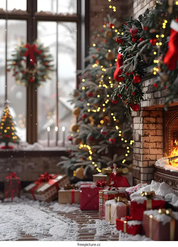 Christmas tree by the fireplace