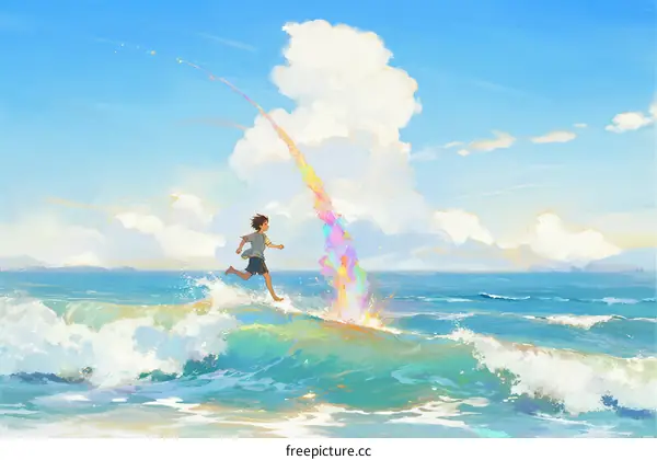 A Boy Surfing with a Colorful Stream in the Ocean