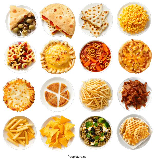 [Transparent Background PNG]Variety of Food Appetizers and Snacks on White Background