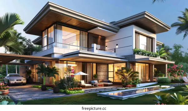 Luxury Modern Villa House Exterior with Swimming Pool and Garden