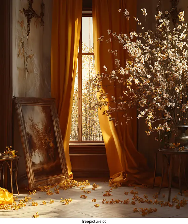 Golden Autumn Sunlight Through Window with Flowers and Painting