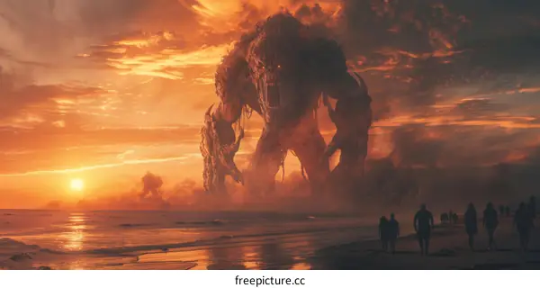 A group of people walking on a beach with a giant monster in the background