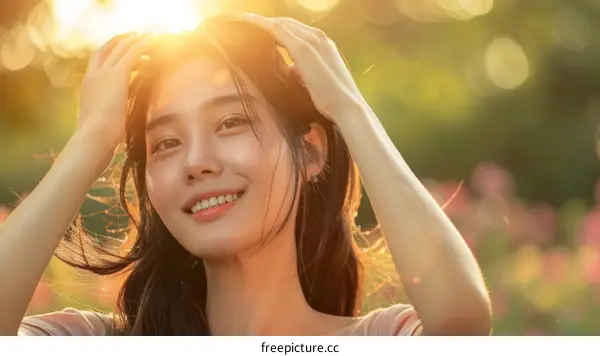Portrait of a young Asian woman smiling in a field of flowers