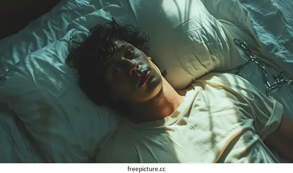 man in white shirt lying on bed with chain on wrist looking at camera