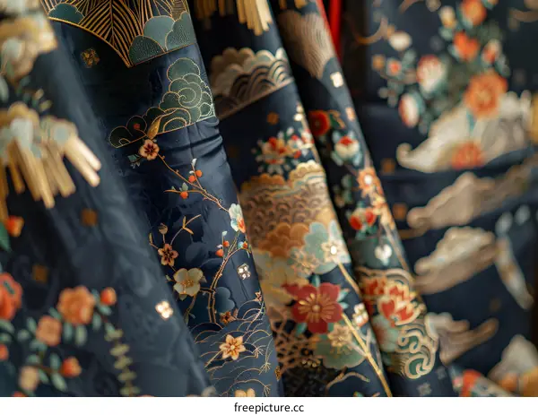Close-up of a dark blue Chinese silk brocade fabric with a pattern of peonies and clouds