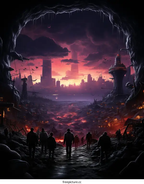 A group of people walking through a post-apocalyptic city