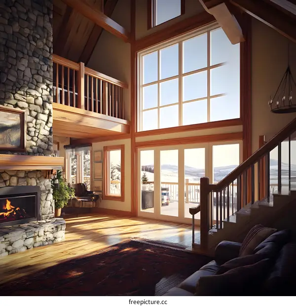 Modern Cabin Living Room with Stone Fireplace and Large Windows