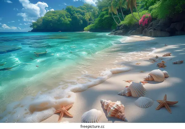 Shells and starfish on the beach with the sea and island in the background