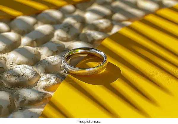 Simple Gold Wedding Band on Bright Yellow and White Background
