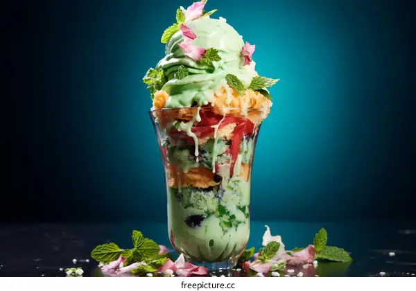 A decadent parfait dessert with green cream, strawberries and cake
