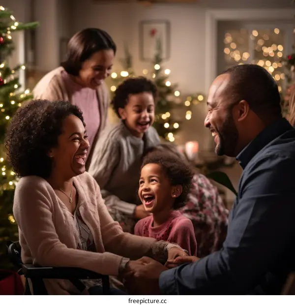 Happy African American family of five laughing together at Christmas
