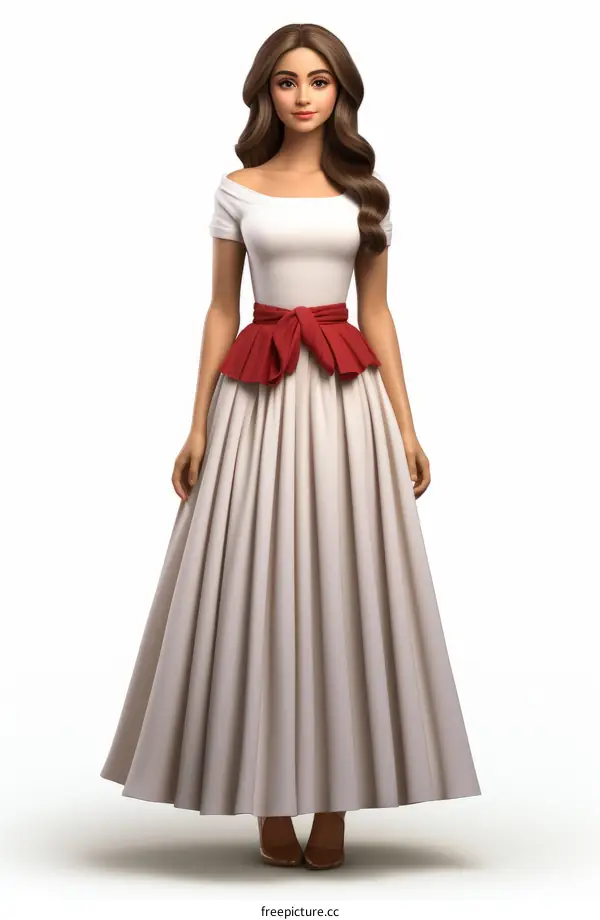 A woman wearing a white dress with a red sash