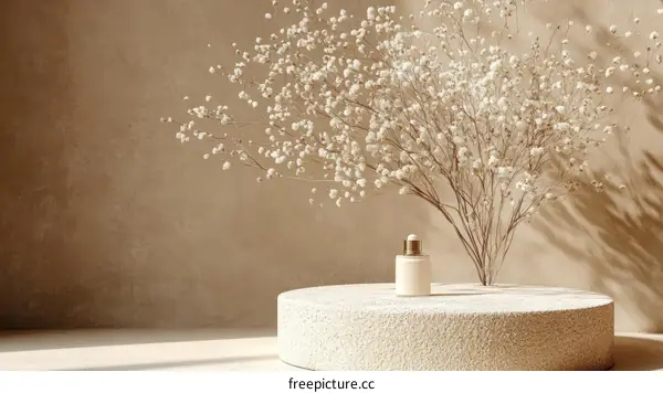 Elegant Floral Still Life Displaying a Cosmetic Bottle