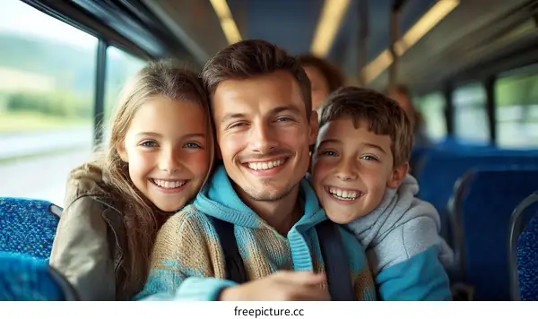 Happy Family Traveling on a Bus