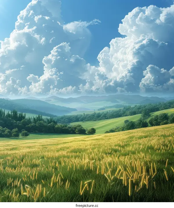 Golden Fields and Rolling Hills Under a Dramatic Sky