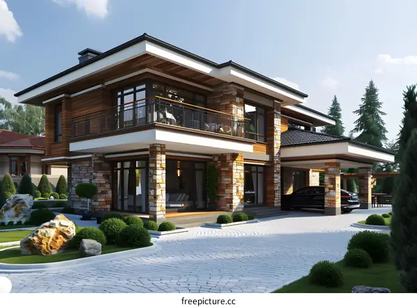 A modern two-story house with a beautiful yard