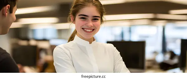Smiling Young Woman in White Shirt with Male Colleague in Blurred Office Background