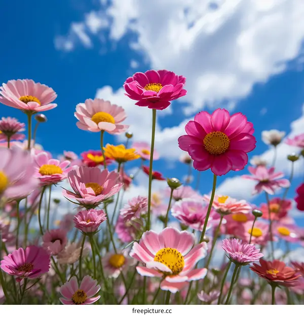 Field of pink and white cosmos flowers under a blue sky with white clouds