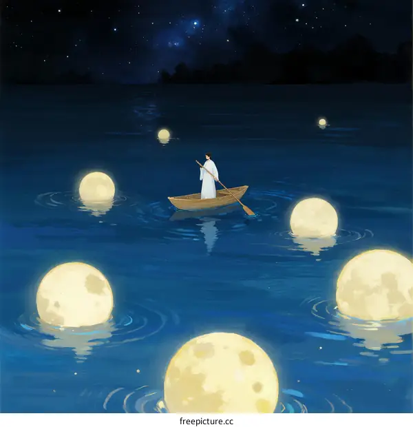 A Person in a Boat with Floating Full Moons Under Starry Night Sky