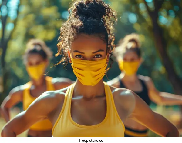 Three young women wearing yellow face masks exercising outdoors
