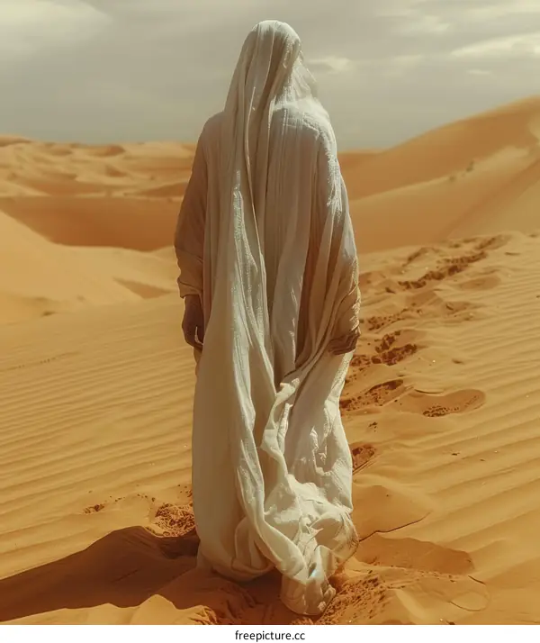 Man in white robe walking in desert