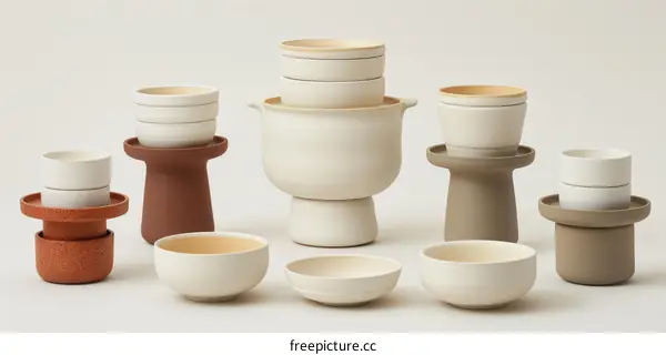 A variety of ceramic tableware in neutral colors