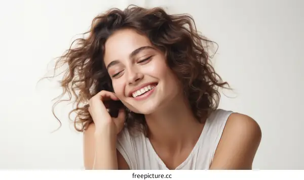 Portrait of a beautiful young woman with curly brown hair smiling happily