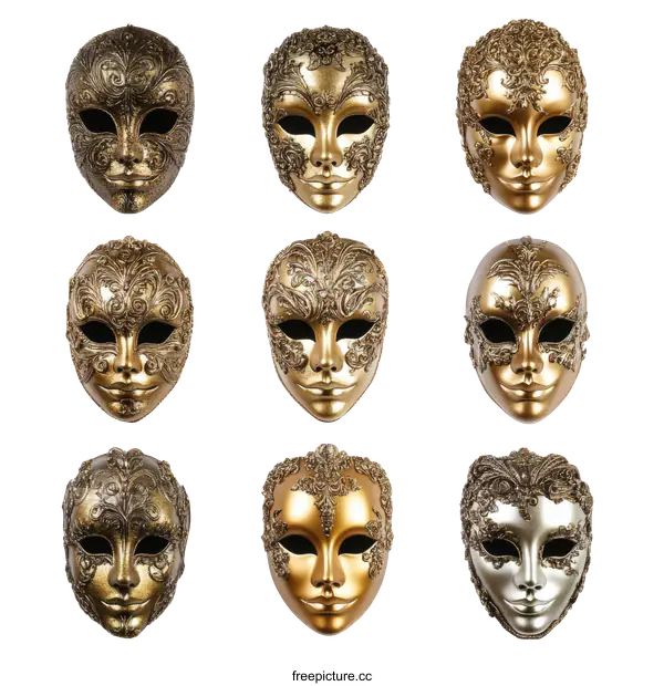 [Transparent Background PNG]Collection of Golden and Silver Venetian Carnival Masks