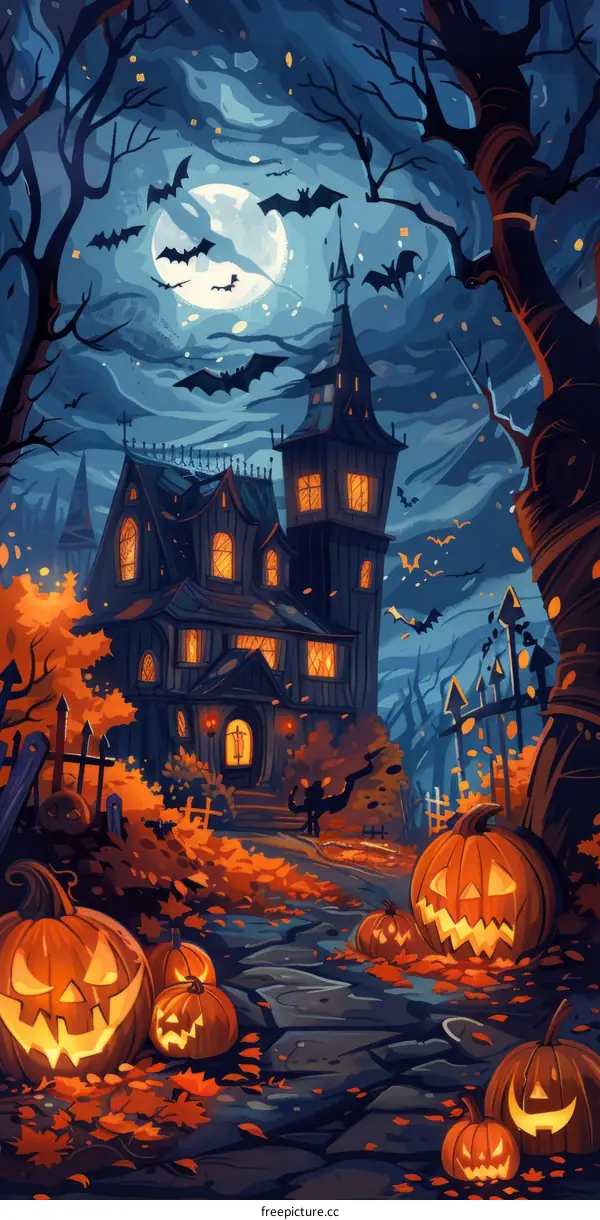 Spooky Halloween Haunted House with Pumpkins and Bats