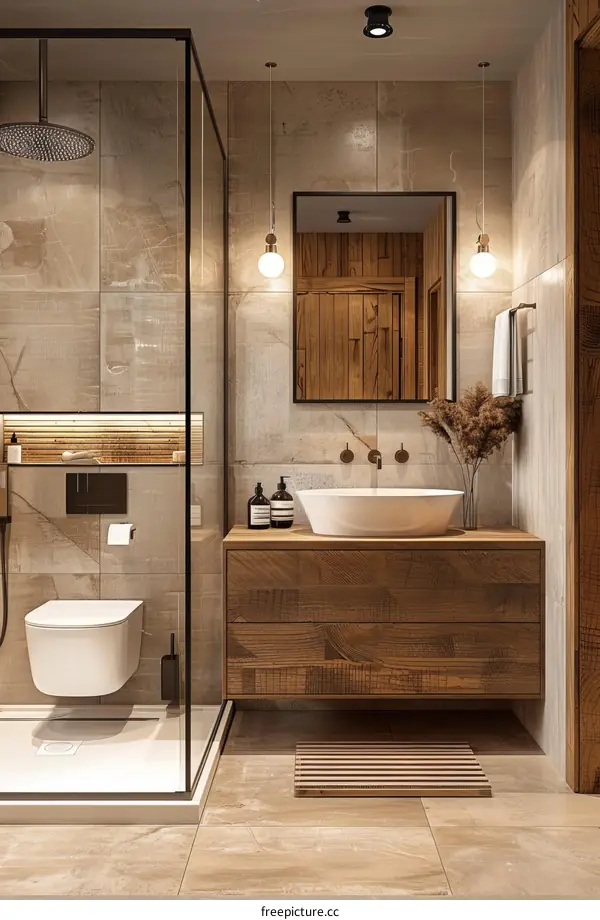 Modern Bathroom Design with Wooden Vanity and Shower