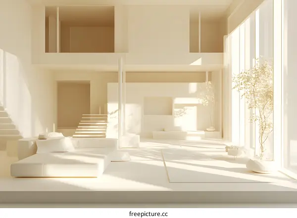 Modern Minimalist Interior Design With White Walls And Sunlight