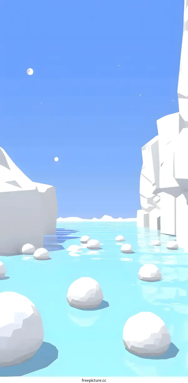 Low Poly Minimalist Illustration of a Snow Scene with White Rocks and Blue Water